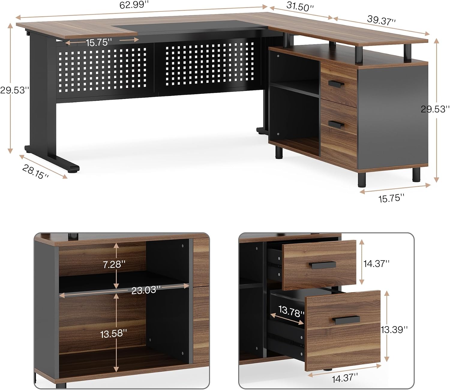 63 Inch L Shaped Executive Des - Office Furniture Filing Cabinets review and price